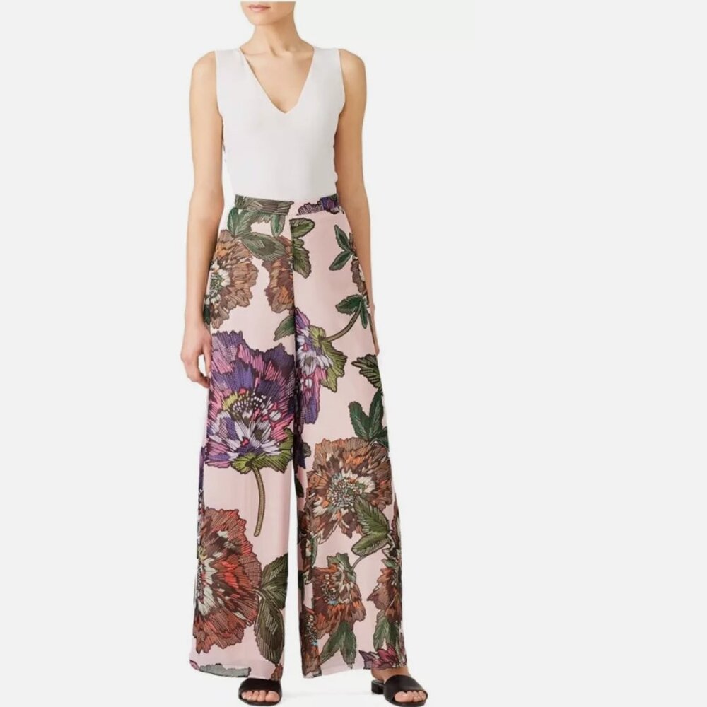Badgley Mischka Womens Size 8 Blush Floral Crepe Wide-Leg High-Waist Pants